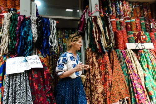 Alexandra Tolstoy in a market in Kyrgyzstan