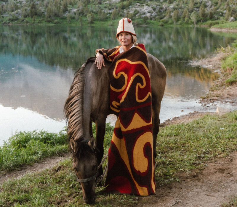 Alexandra Tolstoy with her self designed fabric in Kyrgyzstan
